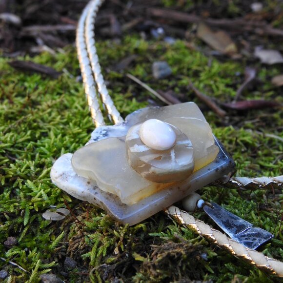 Handmade Artisan Moss Agate & Mexican Opal Bone Silver Bolo Tie - Picture 5 of 10